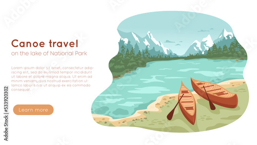 Canoe travel banner template. Boat on lake shore, forest and mountains with snow on background. Landscape, water, pine trees silhouette, blue hills. Vector cartoon illustration. Beautiful scenery.