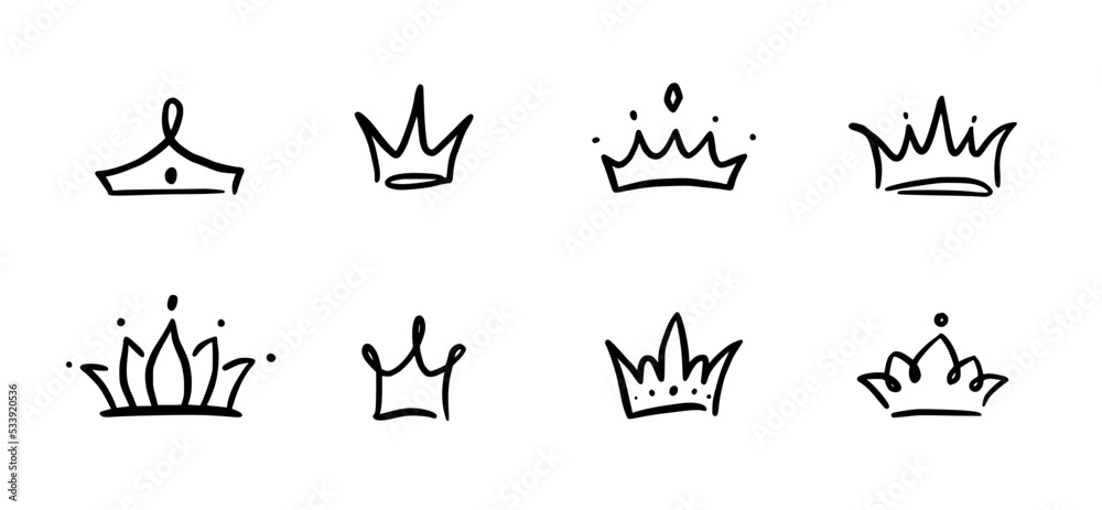 Doodle crown hand drawn set. Doodle princess crown, queen tiara. Line sketch royal element. Queen, king hand drawn simple design element. Isolated vector illustration. Doodle crown hand drawn set. Doodle princess crown, queen tiara. Line sketch royal element. Queen, king hand drawn simple design element. Isolated vector illustration.