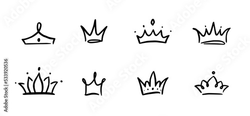 Doodle crown hand drawn set. Doodle princess crown, queen tiara. Line sketch royal element. Queen, king hand drawn simple design element. Isolated vector illustration.