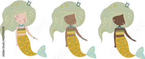 Cute mermaid girl, vector illustration for design, print, pattern, isolated on white background