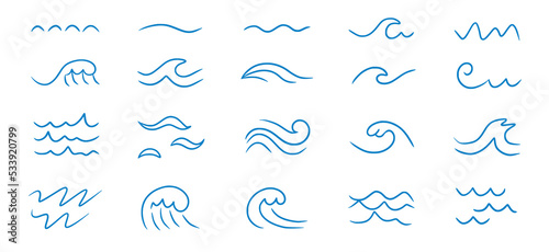 Wave sea line doodle icon set. Hand drawn sketch water wave outline. Simple curve, scribble aqua flow. Isolated vector illustration.