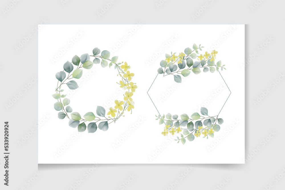 Watercolor vector wreath with green eucalyptus leaves, flowers and branches.