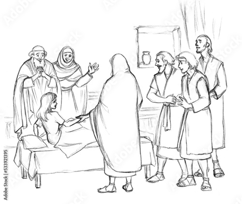 Tableau sur toile Healing of the daughter of Jairus. Pencil drawing