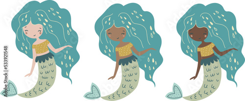 Cute mermaid girl, vector illustration for design, print, pattern, isolated on white background