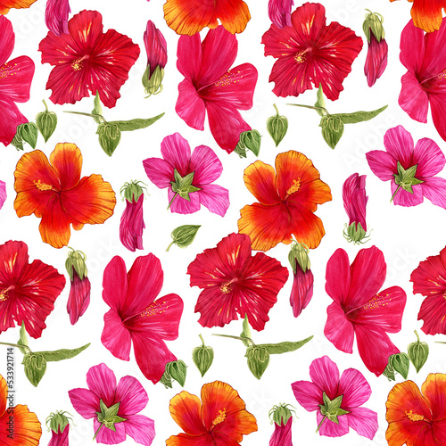 Seamless pattern of hand-drawn watercolor illustrations of Hawaiian hibiscus flowers. Bright tropical flowers on a white background.