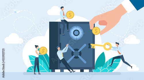 Business people investing money on bank account. Closed safe with dollars, coins in secure deposit box. Cash protection, savings in a moneybox. Financial saving insurance concept. Illustration photo