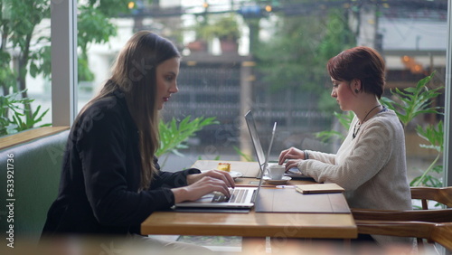 Two young women seated at coffee shop in front of laptop computers. People studying or doing remote work in front of tech devices at cafe place