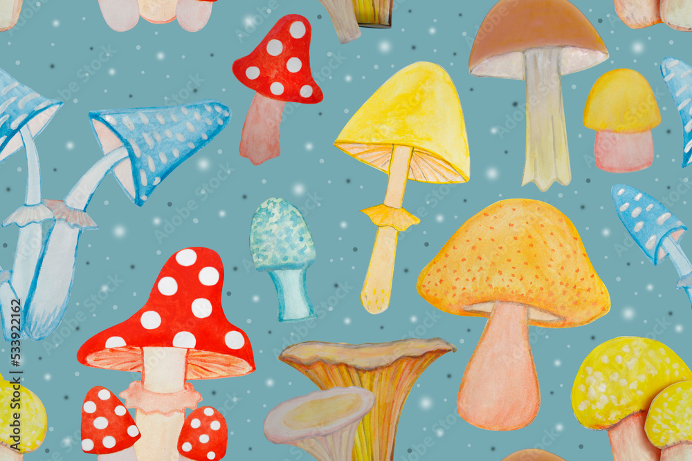 Seamless pattern with different watercolor mushrooms on a blue background.