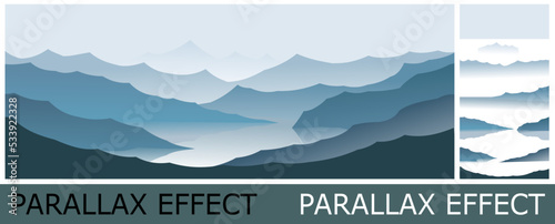 Mountains silhouette landscape. Image from layers for overlay with parallax effect. Mount range Scenery. Skyline panorama Horizon. Beautiful view. Vector.