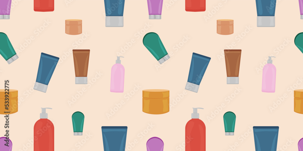 Seamless pattern with tubes of cream for hands, face, body, skin.  Different skin creams. Vector illustration.