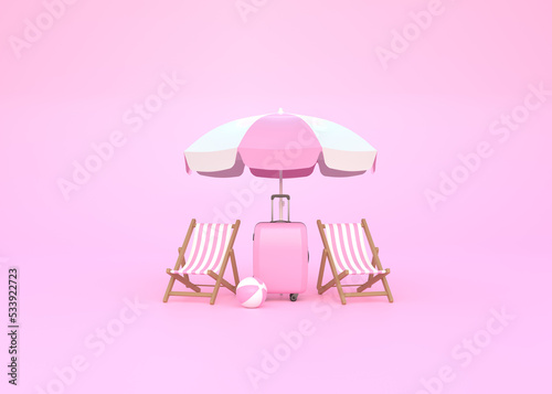 Suitcase, beach chair, umbrella and ball on a pink background with copy space. Summertime concept. Front view. 3d rendering illustration