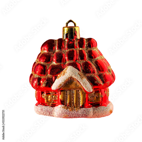 The red house is an isolated toy For the Christmas Tree. Christmas decorative ball (house) isolated on a transparent background