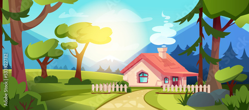 Country house in forest. Vector cartoon illustration of summer landscape of village with fence  path and mountains. Forester cottage with green lawn  trees  bushes  hills and sun light.
