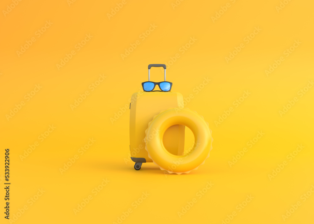 Suitcase, glasses and inflatable circle on a yellow background with copy space. Summertime concept. Front view. 3d rendering illustration Suitcase, glasses and inflatable circle on a yellow background with copy space. Summertime concept. Front view. 3d rendering illustration