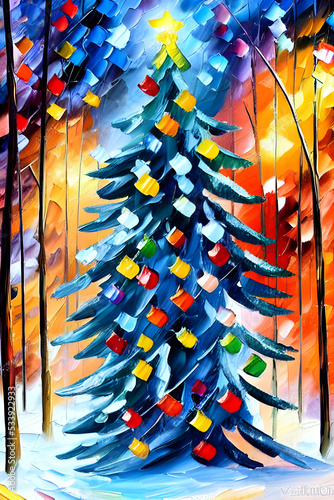 christmas tree with ligths and decorations in a park painted in bright colors with oil paint - illustration
