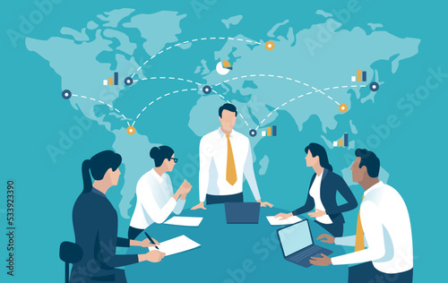 Global trade, investment.  The team discusses in front of the world map. Business vector illustration.