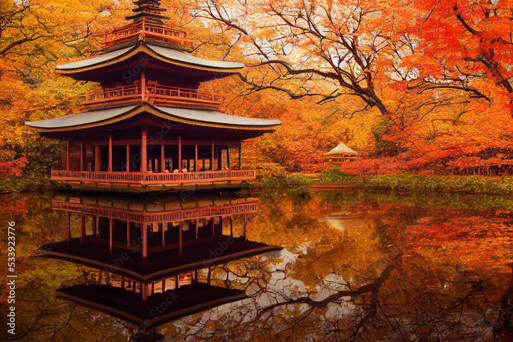 Fototapeta premium Pagoda in pond in an autumn forest, digital art