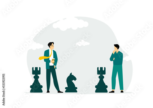 Businessman playing chess and try to find strategic position and tactic for long-term success plan or goal. Symbol of vision, competition, negotiation, planning and challenge.