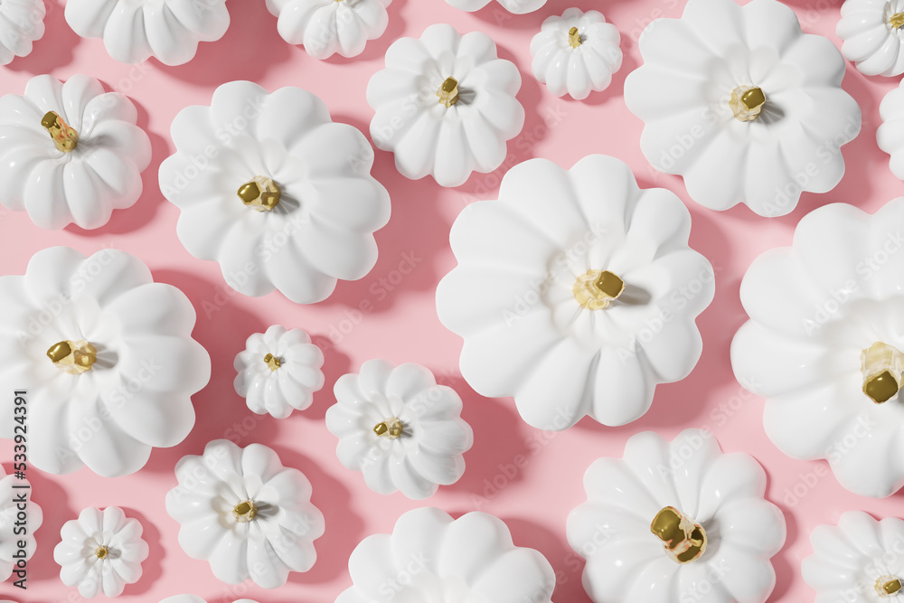 3d render of white pumpkins flat lay on a pink background pattern 3d render of white pumpkins flat lay on a pink background pattern