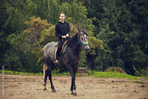 Young girl sits astride a grey horse. Girl rider. Girl larkes on black horse © Olga