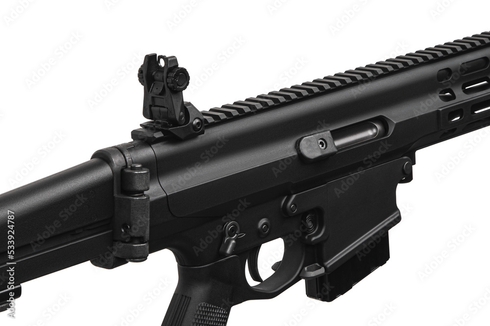 Modern automatic rifle isolated on white. Weapons for police, special forces and the army. Automatic carbine with mechanical sights. Modern automatic rifle isolated on white. Weapons for police, special forces and the army. Automatic carbine with mechanical sights.