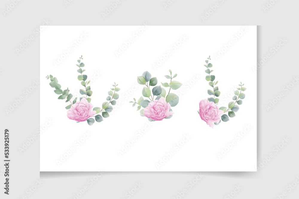 Watercolor vector wreath with green eucalyptus leaves, peony flowers and branches.