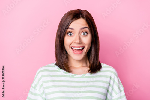 Closeup photo of young attractive nice girl open mouth speechless crazy excited new shopping sale isolated on pink color background