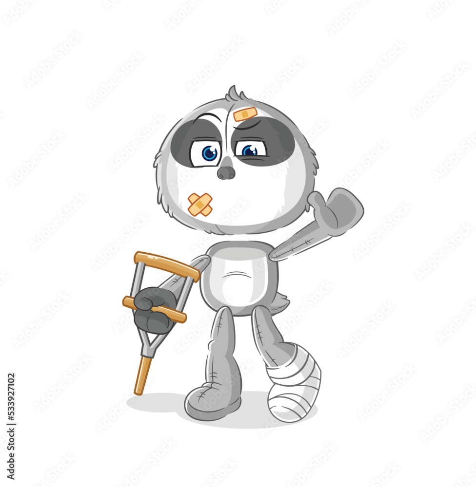 sloth sick with limping stick. cartoon mascot vector sloth sick with limping stick. cartoon mascot vector