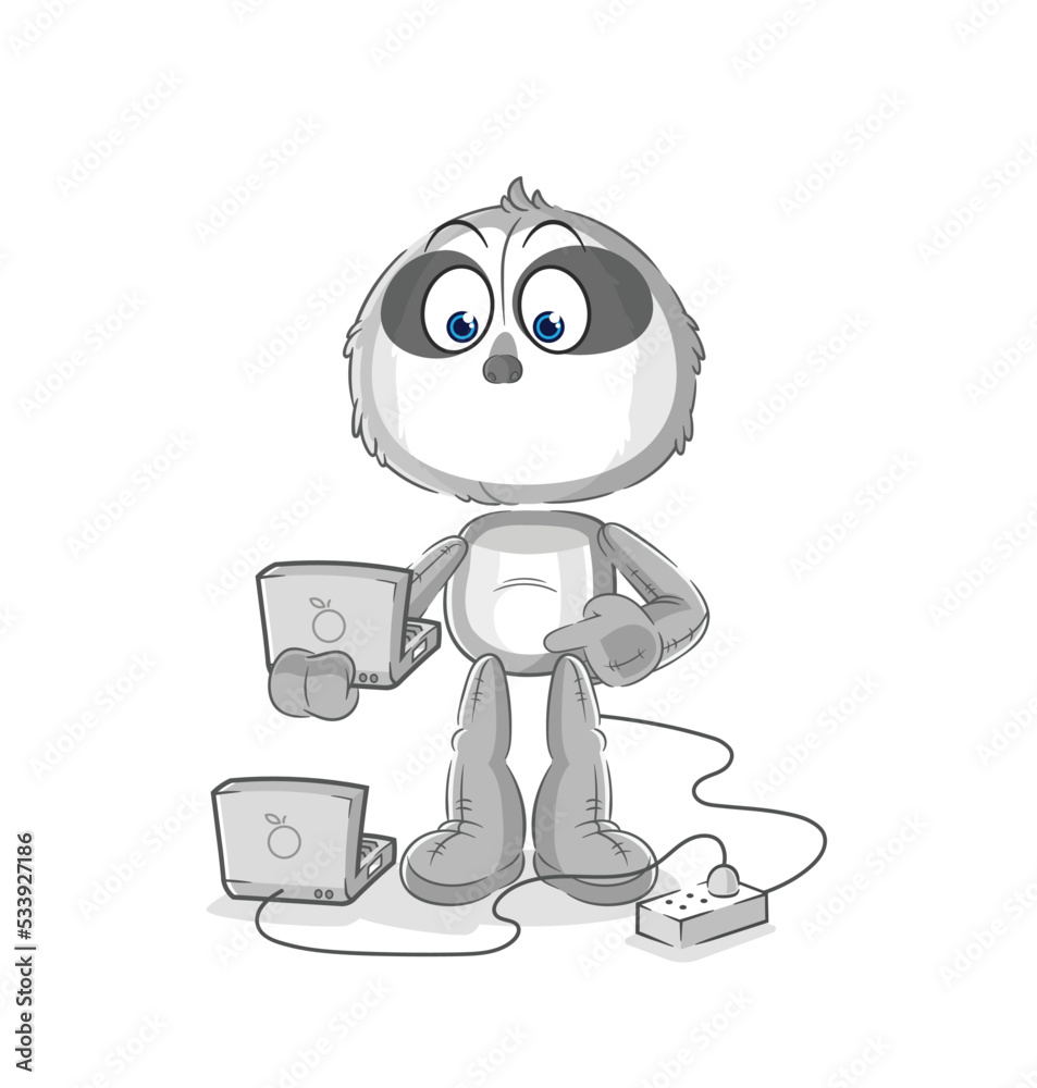 sloth with laptop mascot. cartoon vector