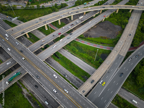 Aerial view transport junction city road with vehicle movement