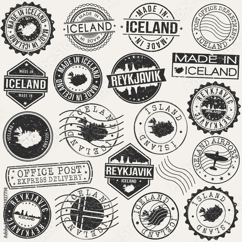 Reykjavik Iceland Set of Stamps. Travel Stamp. Made In Product. Design Seals Old Style Insignia.