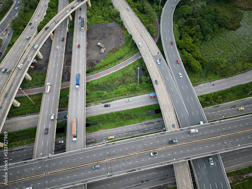 Aerial view transport junction city road with vehicle movement