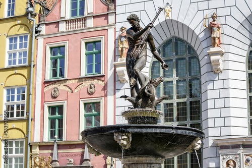 Neptune Statue in Gdansk in front of Dom Ekonomistow house at Dlugi Targ town square