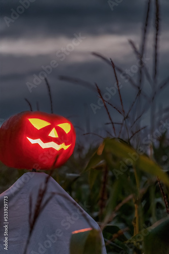 A scary Jack-o'-lantern made from a pumpkin in a corn field at night. Creepy Halloween concept.