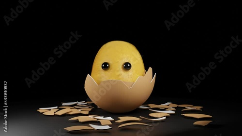 Chick cracks egg shell. Crazy 3D rendered animation.