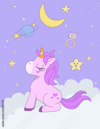 Cute unicorn sitting with eyes closed on the cloud with star in the sky. Design illustration.