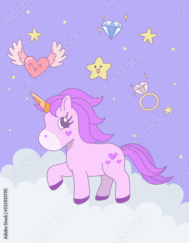 Cute unicorn standing on the cloud with star in the sky. Design illustration.