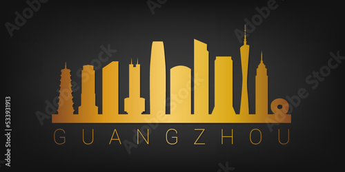 Guangzhou, Guangdong Province, China Gold Skyline City Silhouette Vector. Golden Design Luxury Style Icon Symbols. Travel and Tourism Famous Buildings.