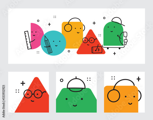 Set of Various bright Geometric Figures with face emotions. Different shapes. Hand drawn trendy Vector illustration for kids.