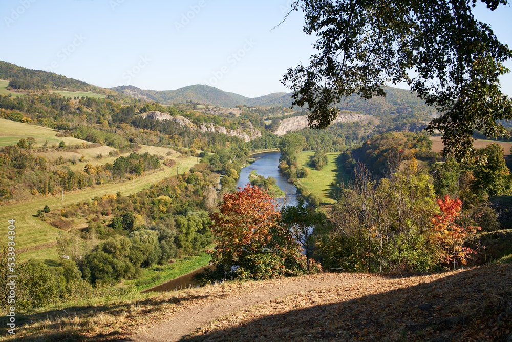 Autum landscape with Berounka river near Tetin, Czech republic