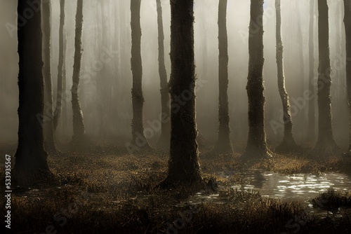 A foggy swamp. Dark and mysterious. 