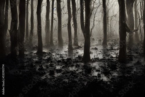 A foggy swamp. Dark and mysterious. 
