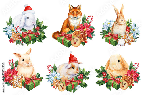 Set Bunnies and fox watercolor drawing. Holiday compositions, baby animals