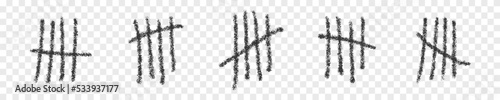 Charcoal tally marks isolated on transparent background. Set of day counting symbols. Four hand drawn sticks crossed out by slash line. Number 5 in unary numeral system. Vector realistic illustration