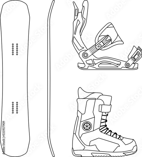Snowboard, Snowboarding equipment set snowboard board, Snowboard bindings and Snowboard boots sketch drawing, contour lines drawn