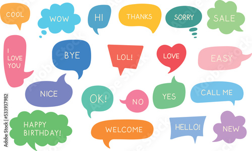 Speech bubbles with phrases, conversation bubbles of different shapes. A set of vector dialog bubbles. Hi, bye, sorry, welcome, happy birthday
