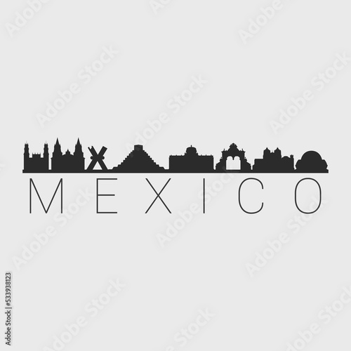 Mexico City Skyline. Silhouette Illustration Clip Art. Travel Design Vector Landmark Famous Monuments.