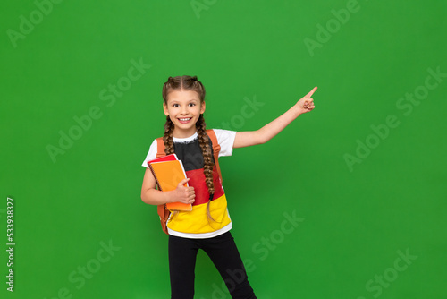 A schoolgirl with a German flag on her T-shirt points to the side at an advertisement on a green isolated background. Education abroad.