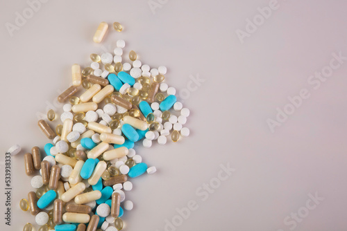 different medicine drugs, pills, tablets. pharmaceutical medicine pills on white background