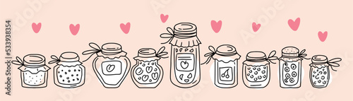 Vector horizontal set of glass jars with jam. Canning berries.